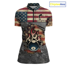 Load image into Gallery viewer, Billiards Vintage US Flag Custom Flame 8 Ball Pool Polo &amp; 1/4 Zip For Women, Billiard Team Jersey TDM6075