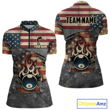 Load image into Gallery viewer, Billiards Vintage US Flag Custom Flame 8 Ball Pool Polo &amp; 1/4 Zip For Women, Billiard Team Jersey TDM6075