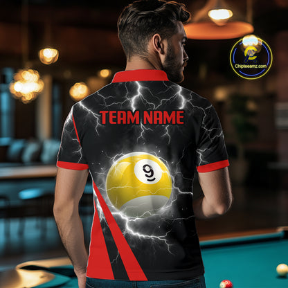 Black And Red 8 Ball 9 Ball Lightning Billiard Shirt For Men Custom Pool Team Jersey Polo, 1/4 Zip TDM6323