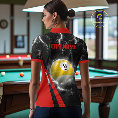 Black And Red 8 Ball 9 Ball Lightning Billiard Shirt For Women Custom Pool Team Jersey Polo, 1/4 Zip TDM6323
