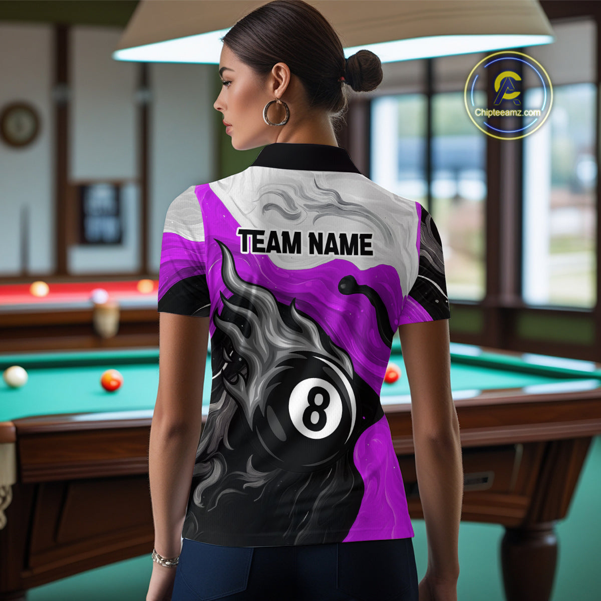 Personalized Black, Purple And White 8 Ball Flame Billiard Shirt For Women Custom Pool Team Jerseys TDM4190