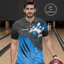 Load image into Gallery viewer, Man wearing personalized black and blue eagle bowling team jersey polo shirt featuring black and blue eagle artwork, front view.