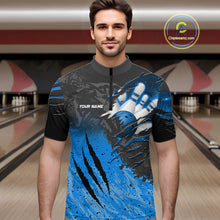 Load image into Gallery viewer, Man wearing personalized black and blue eagle bowling team jersey quarter zip shirt featuring black and blue eagle artwork, front view.