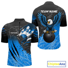 Load image into Gallery viewer, Personalized black and blue eagle bowling team jersey quarter zip shirt for men featuring detailed eagle artwork, premium custom bowling league apparel for tournament and league competition.