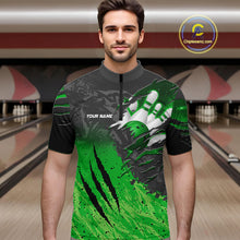Load image into Gallery viewer, Man wearing personalized black and green eagle bowling team jersey polo shirt featuring black and green eagle artwork, back view.