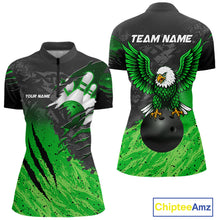 Load image into Gallery viewer, Personalized black and green eagle bowling team jersey quarter zip shirt for women featuring detailed eagle artwork, premium custom bowling league apparel for league competition and tournament play.