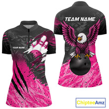 Load image into Gallery viewer, Personalized pink and black eagle bowling team jersey quarter zip shirt for women featuring striking eagle artwork, premium custom bowling league apparel for tournament and league play.
