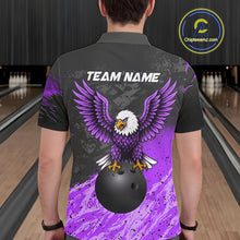 Load image into Gallery viewer, Man wearing personalized black and purple eagle bowling team jersey polo shirt featuring black and purple eagle artwork, back view.