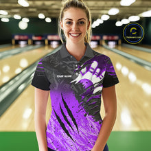 Load image into Gallery viewer, Woman wearing personalized black and purple eagle bowling team jersey polo shirt featuring black and purple eagle artwork, front view.