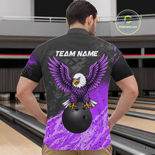 Load image into Gallery viewer, Man wearing personalized black and purple eagle bowling team jersey quarter zip shirt featuring black and purple eagle artwork, back view.