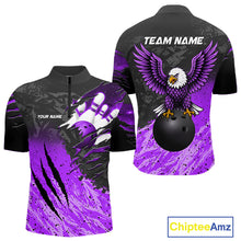 Load image into Gallery viewer, Personalized black and purple eagle bowling team jersey quarter zip shirt for men featuring detailed eagle artwork, premium custom bowling league apparel for league competition and tournament play.
