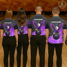 Load image into Gallery viewer, Bowling team wearing matching personalized black and purple eagle bowling team jerseys featuring premium eagle graphics, back view.