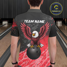 Load image into Gallery viewer, Man wearing personalized black and red eagle bowling team jersey polo shirt featuring black and red eagle artwork, back view.