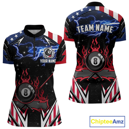 8 Ball Pool Billiard Jersey Custom Lightning American Flag Women Billiard Shirts, 8 Ball Team Shirts TDM4579