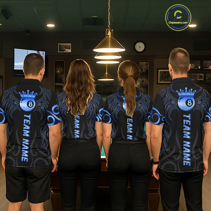Black And Blue 8 Ball Crown Tribal Billiard Shirt For Women Custom Pool Jersey Billiard Team Shirt TDM7237