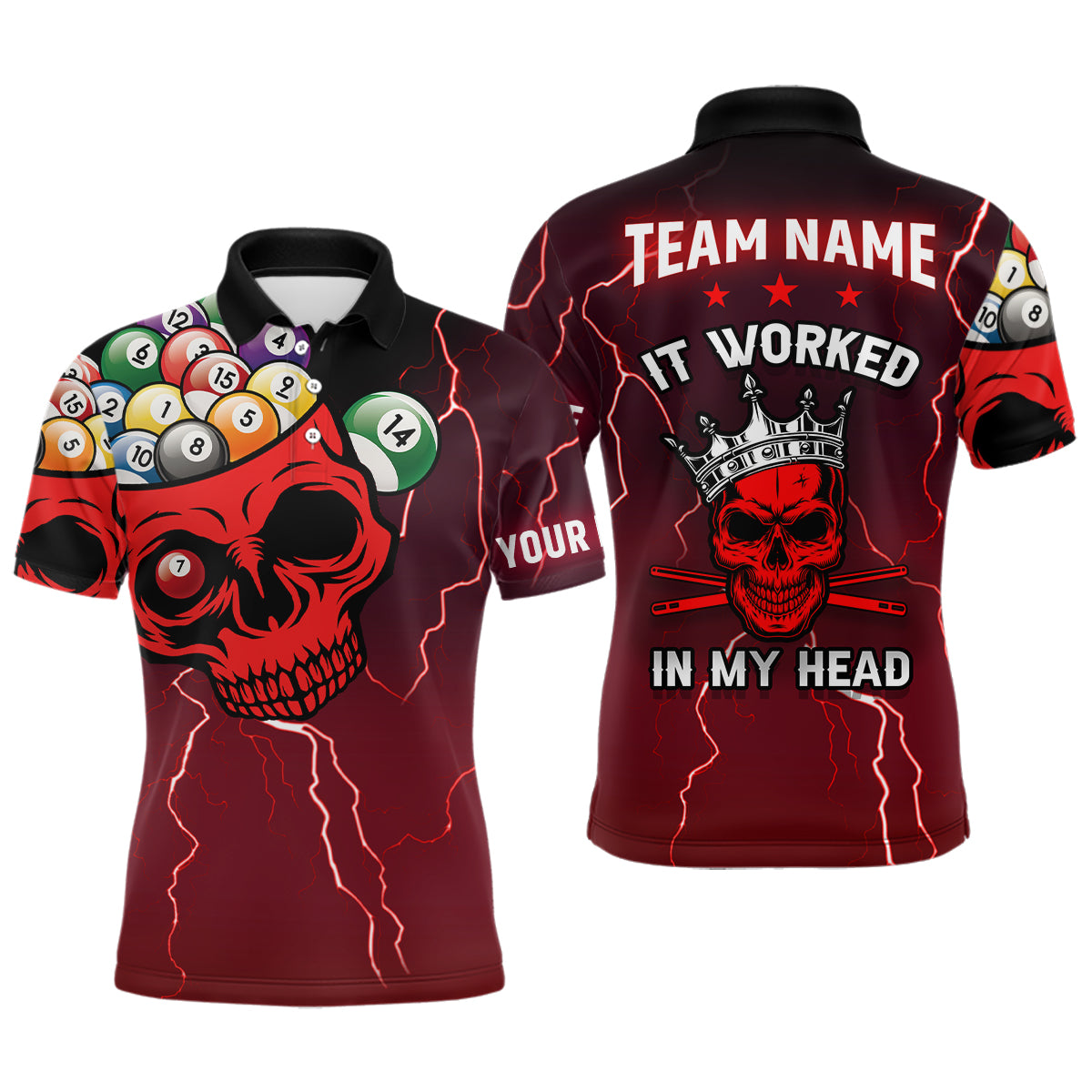 Personalized It Worked In My Head 3D Skull Full Printing Billiards Polo Shirts For Men | Red TDM0362