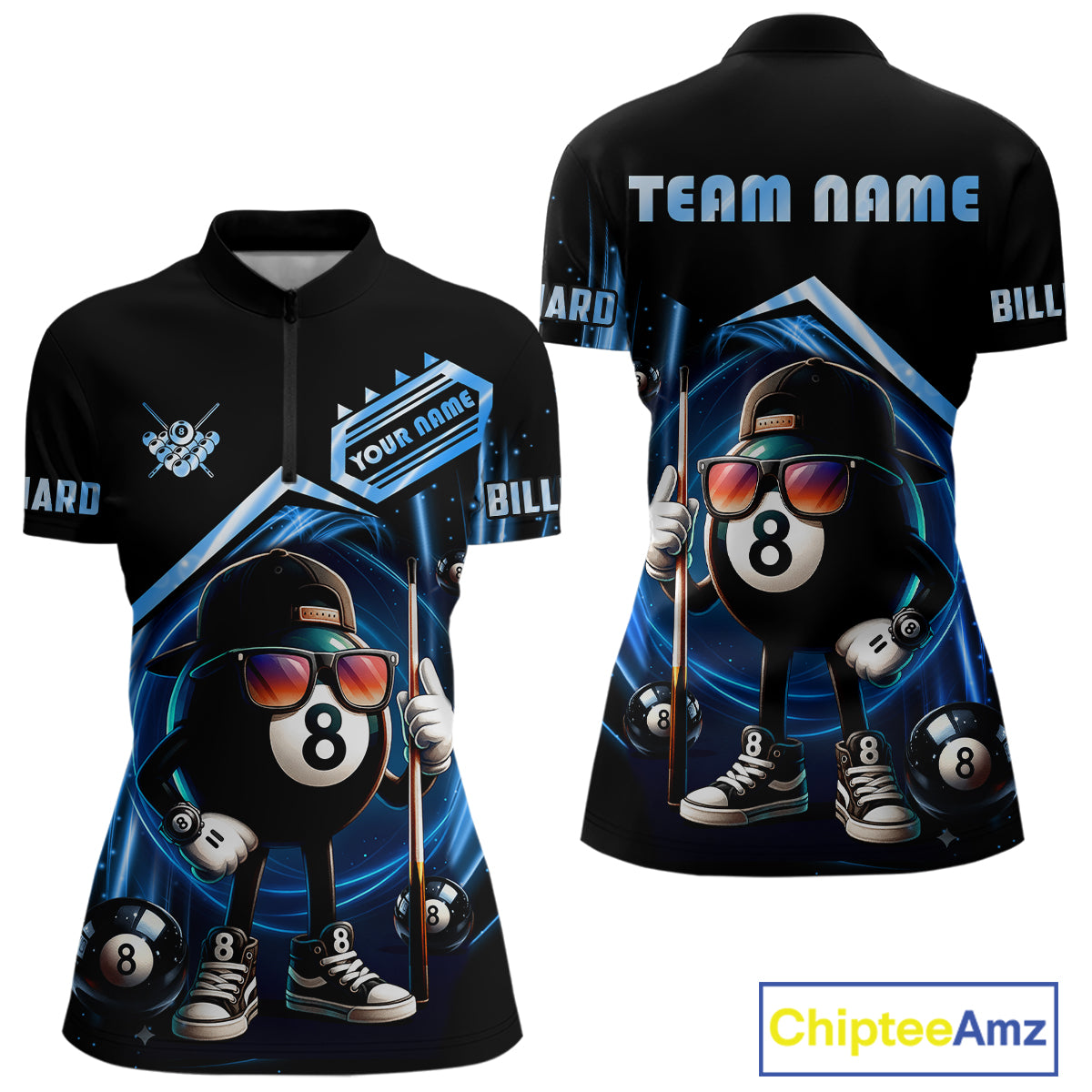 Blue Funny 8 Ball Billiard Shirt For Women Custom Pool Team Shirt, Billiard Jersey Polo & 1/4 Zip TDM5205