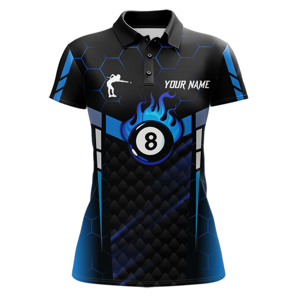 Personalized Blue 8 Ball Flame Billiard Polo & Quarter Zip For Women, 8 Ball Pool Team Jersey TDM5731