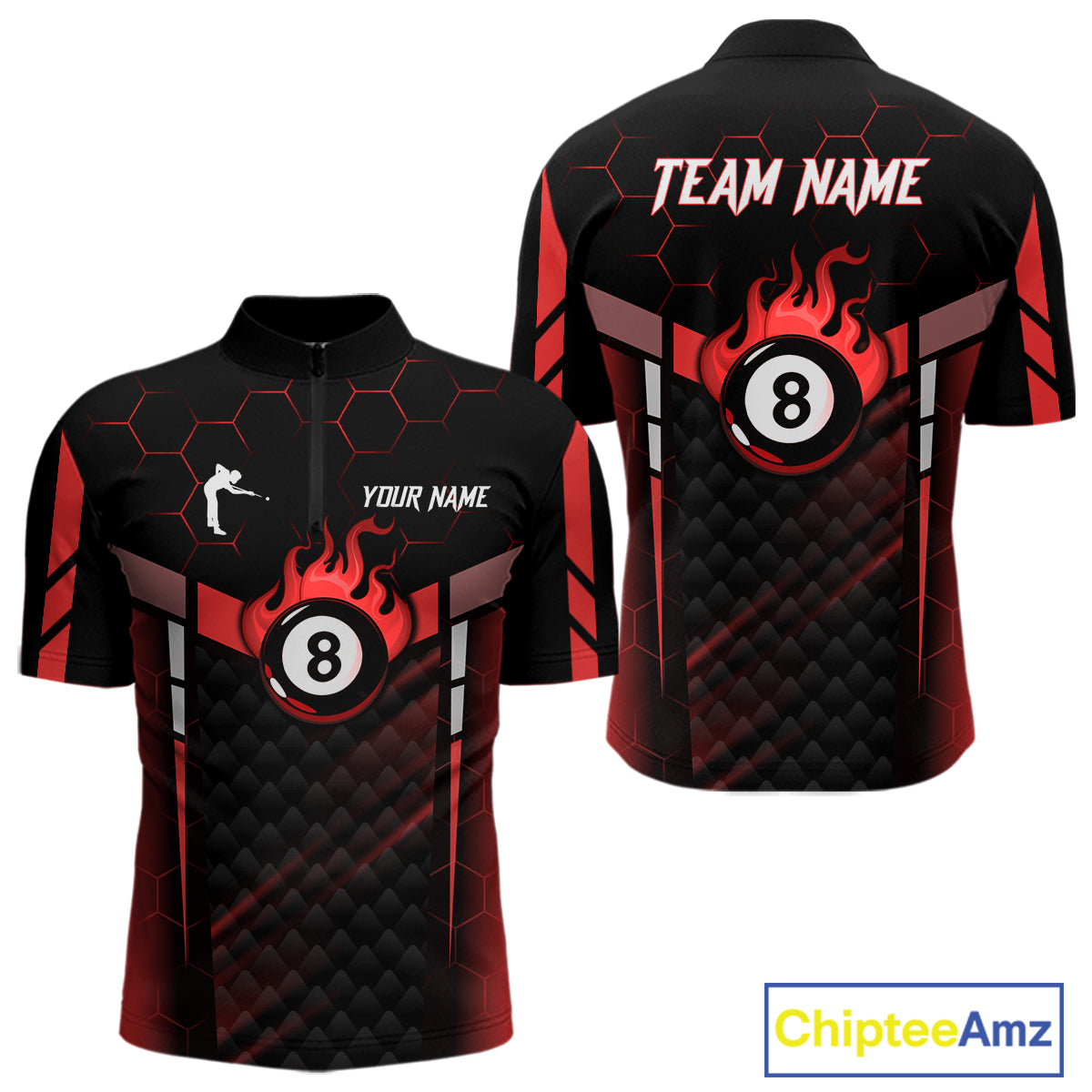 Personalized Red 8 Ball Flame Billiard Polo & Quarter Zip For Men, 8 Ball Pool Team Jersey TDM5732