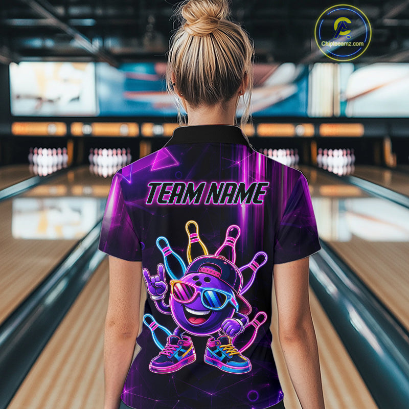 Funny Neon Bowling Ball Polo & Quarter Zip Shirt For Women Custom Bowling Team Shirt, Bowling Jersey TDM6519