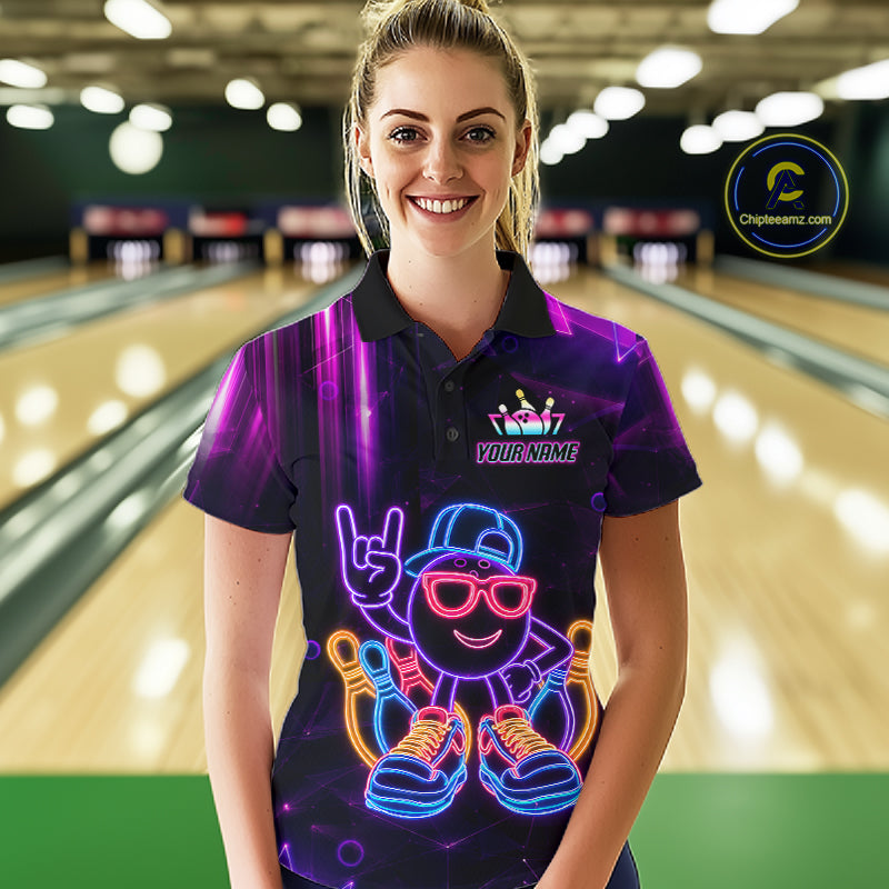 Funny Neon Bowling Ball Polo & Quarter Zip Shirt For Women Custom Bowling League Team Jersey TDM6520