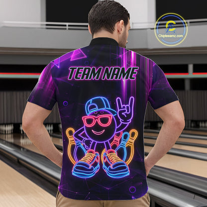 Funny Neon Bowling Ball Polo & Quarter Zip Shirt For Men Custom Bowling League Team Jersey TDM6520