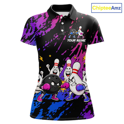 Custom Blue And Purple Funny Boxing Bowling Shirts For Women Bowling Team Jersey, Gift For Bowlers TDM7257