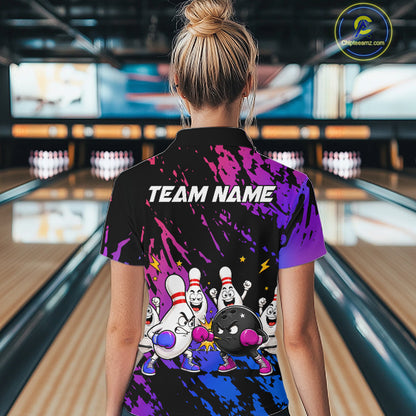 Custom Blue And Purple Funny Boxing Bowling Shirts For Women Bowling Team Jersey, Gift For Bowlers TDM7257