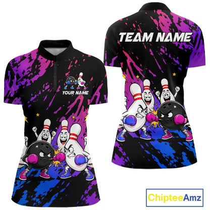 Custom Blue And Purple Funny Boxing Bowling Shirts For Women Bowling Team Jersey, Gift For Bowlers TDM7257
