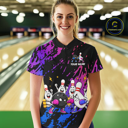 Custom Blue And Purple Funny Boxing Bowling Shirts For Women Bowling Team Jersey, Gift For Bowlers TDM7257