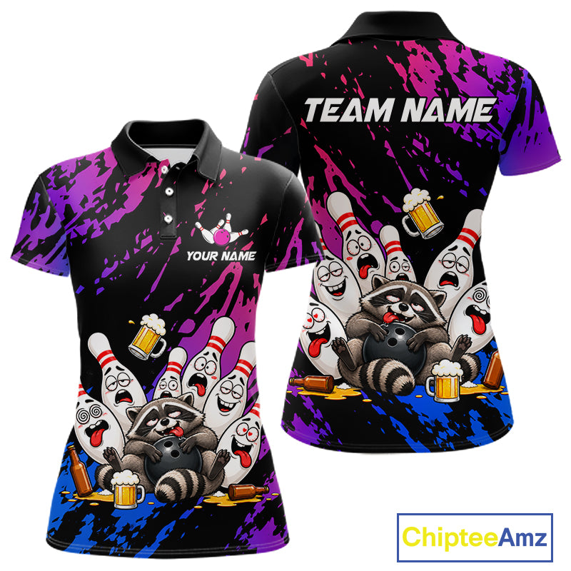 Custom Blue Purple Funny Drunk Raccoon Bowling Shirt For Women Personalized Beer Bowling Team Jersey TDM7258