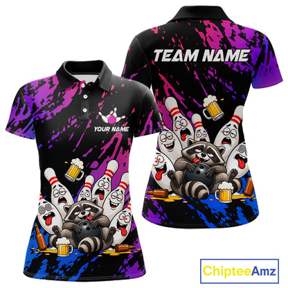 Custom Blue Purple Funny Drunk Raccoon Bowling Shirt For Women Personalized Beer Bowling Team Jersey TDM7258