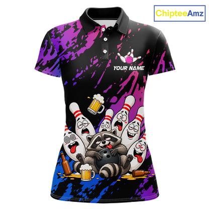 Custom Blue Purple Funny Drunk Raccoon Bowling Shirt For Women Personalized Beer Bowling Team Jersey TDM7258