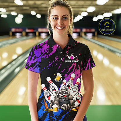 Custom Blue Purple Funny Drunk Raccoon Bowling Shirt For Women Personalized Beer Bowling Team Jersey TDM7258
