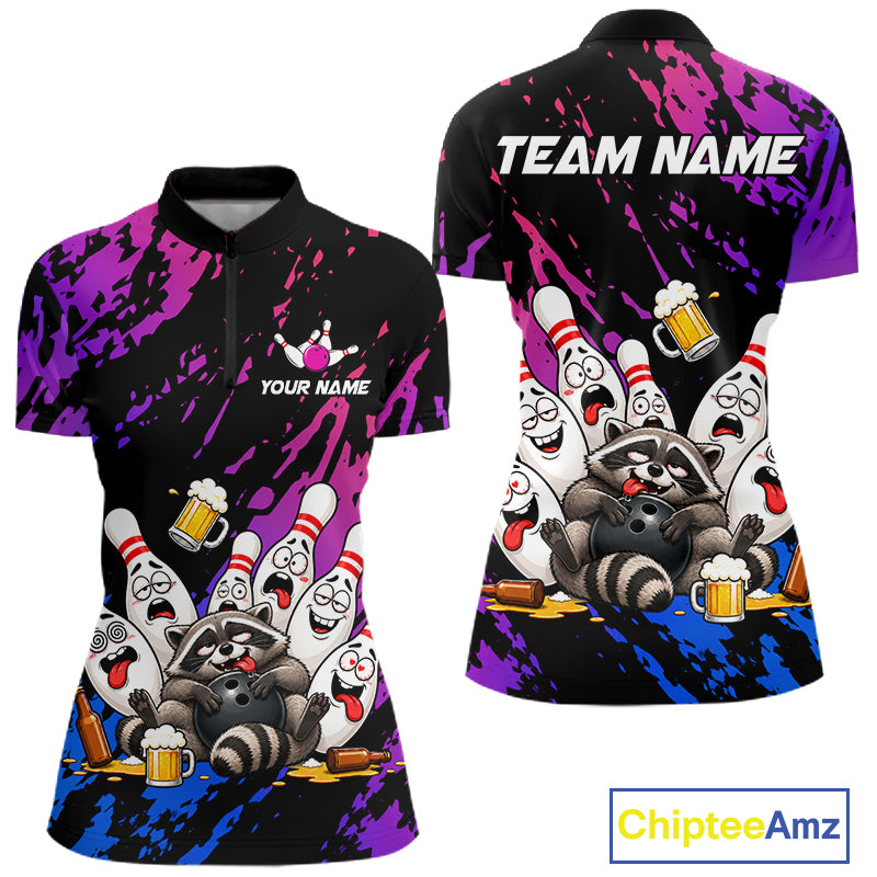 Custom Blue Purple Funny Drunk Raccoon Bowling Shirt For Women Personalized Beer Bowling Team Jersey TDM7258