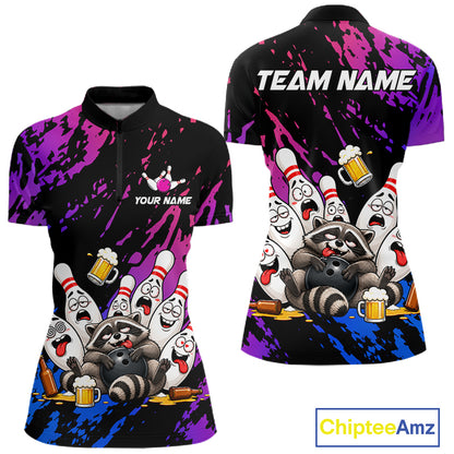 Custom Blue Purple Funny Drunk Raccoon Bowling Shirt For Women Personalized Beer Bowling Team Jersey TDM7258
