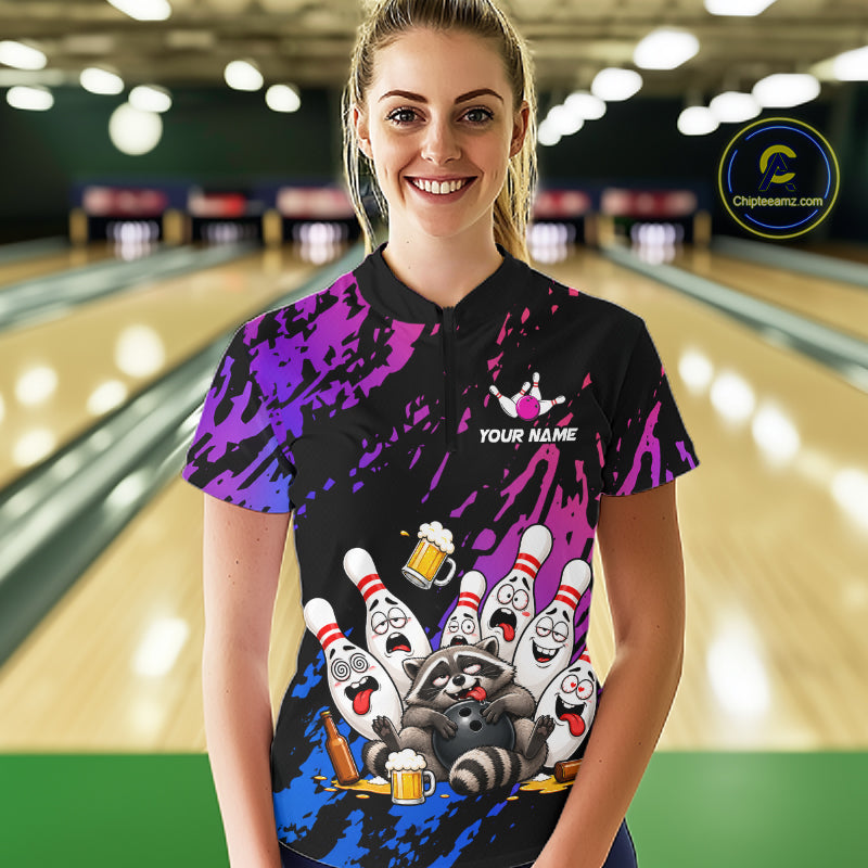 Custom Blue Purple Funny Drunk Raccoon Bowling Shirt For Women Personalized Beer Bowling Team Jersey TDM7258