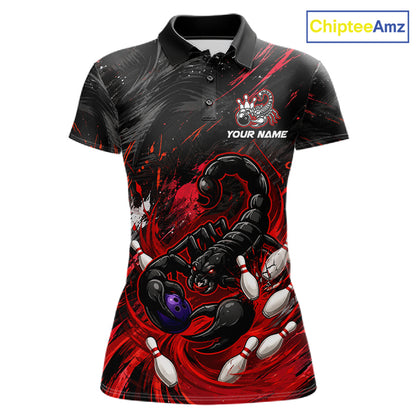 Custom Black And Red Grunge Scorpion Bowling Jersey For Women, Bowling Team Shirts Polo, Quarter Zip TDM7260