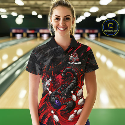 Custom Black And Red Grunge Scorpion Bowling Jersey For Women, Bowling Team Shirts Polo, Quarter Zip TDM7260
