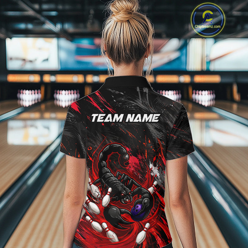 Custom Black And Red Grunge Scorpion Bowling Jersey For Women, Bowling Team Shirts Polo, Quarter Zip TDM7260