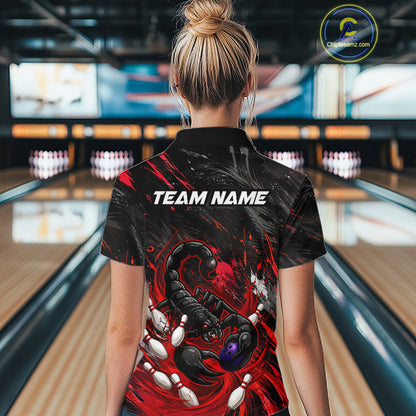 Custom Black And Red Grunge Scorpion Bowling Jersey For Women, Bowling Team Shirts Polo, Quarter Zip TDM7260