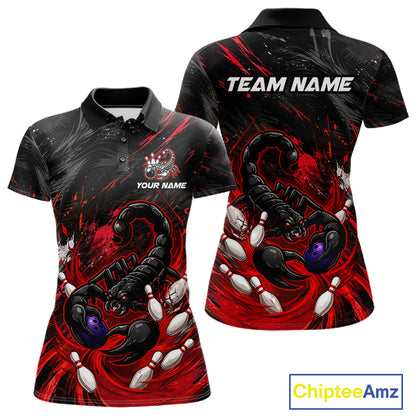 Custom Black And Red Grunge Scorpion Bowling Jersey For Women, Bowling Team Shirts Polo, Quarter Zip TDM7260