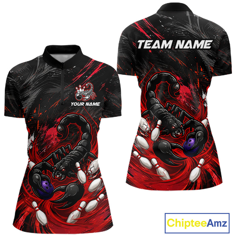 Custom Black And Red Grunge Scorpion Bowling Jersey For Women, Bowling Team Shirts Polo, Quarter Zip TDM7260