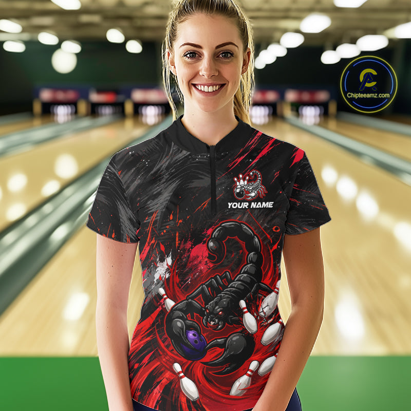 Custom Black And Red Grunge Scorpion Bowling Jersey For Women, Bowling Team Shirts Polo, Quarter Zip TDM7260