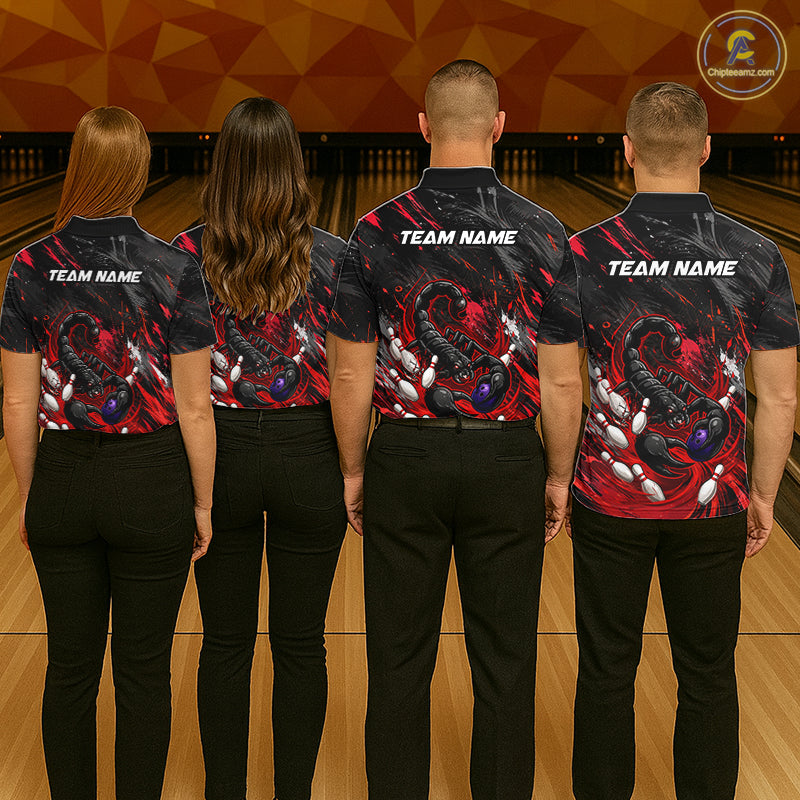 Custom Black And Red Grunge Scorpion Bowling Jersey For Women, Bowling Team Shirts Polo, Quarter Zip TDM7260
