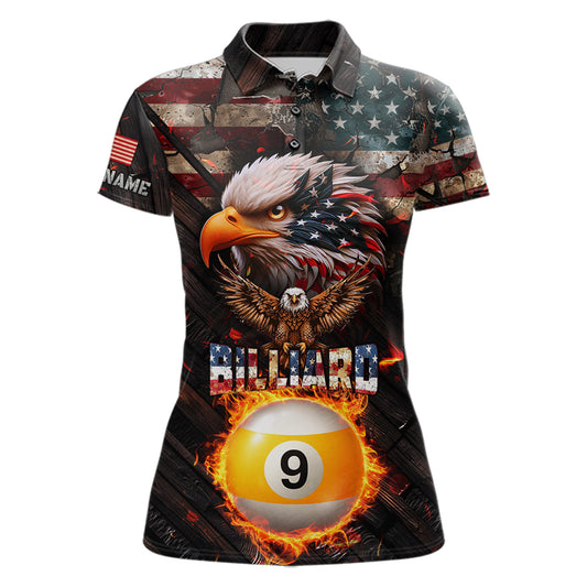 American Flag 9 Ball Fire Custom Eagle Billiard Shirt For Women, Patriotic Pool Jersey Polo, 1/4 Zip TDM5931