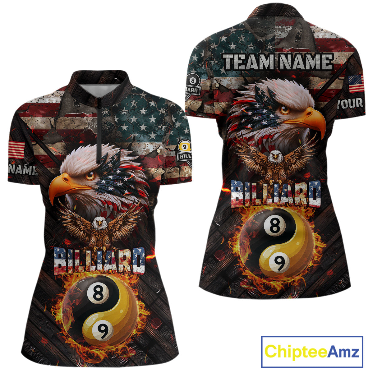 American Flag 8 & 9 Ball Yin-Yang Fire Custom Eagle Billiard Shirt For Women, Pool Team Jersey TDM5933