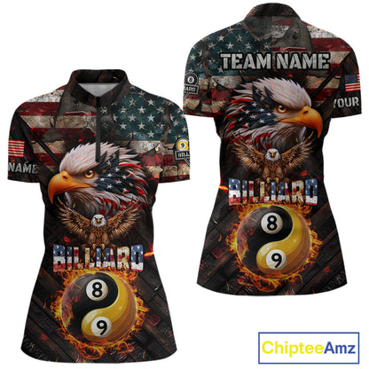 American Flag 8 & 9 Ball Yin-Yang Fire Custom Eagle Billiard Shirt For Women, Pool Team Jersey TDM5933