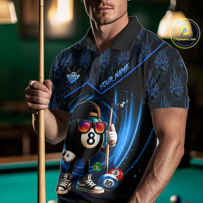 Blue Funny 8 Ball Pool Billiard Shirt For Men Custom Flame Billiard Team Jersey Polo & 1/4 Zip TDM6346