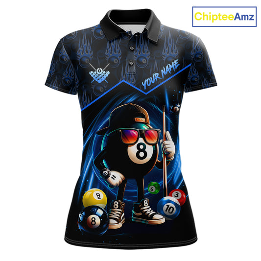 Blue Funny 8 Ball Pool Billiard Shirt For Women Custom Flame Billiard Team Jersey Polo & 1/4 Zip TDM6346